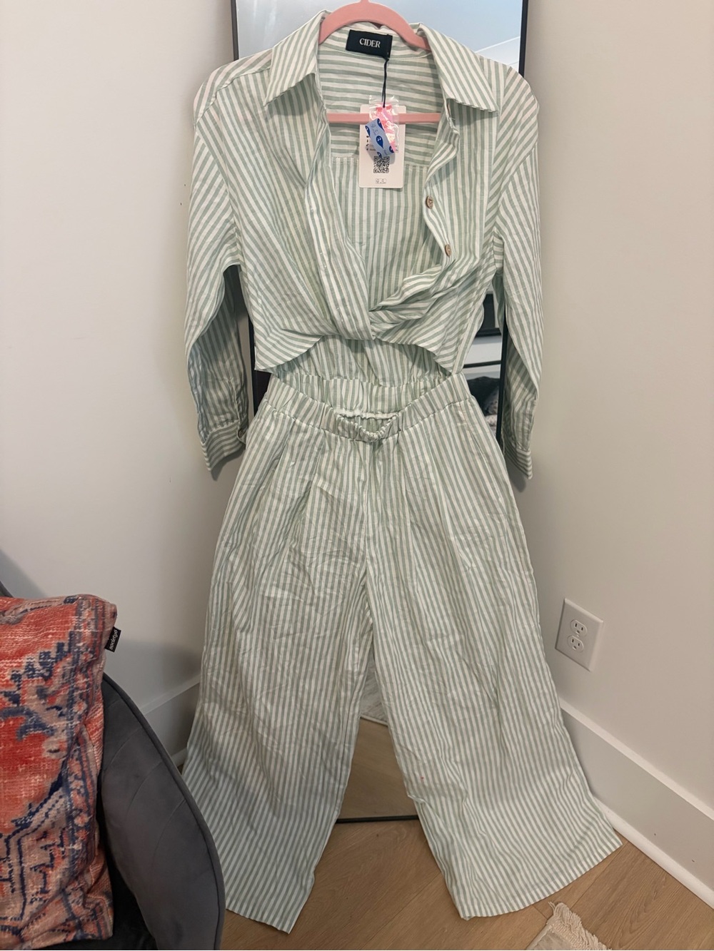 Cider Sage Stripe Cropped Button Jumpsuit Set
